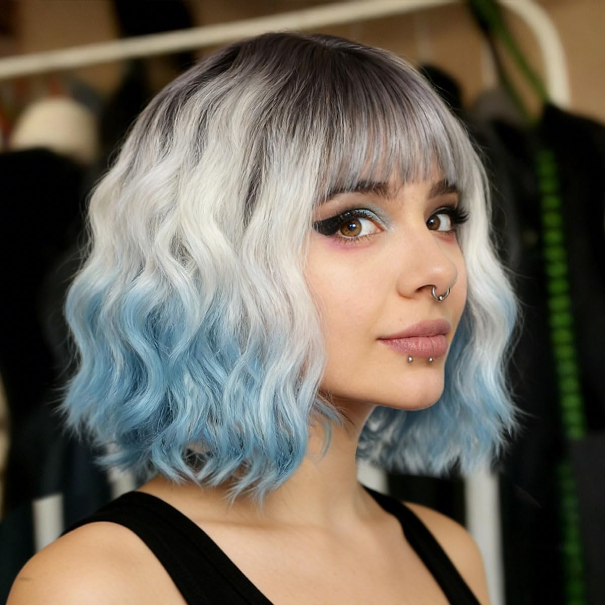 Yamel Wavy Bob Wig with Bangs Natural Ombre Silver Blue Wig Synthetic Hair Shoulder Length Short Curly Ombre Wigs for Women — image 1