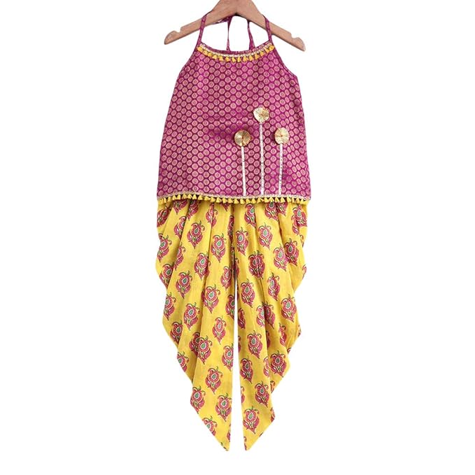 Peaches By Hopscotch Girls Cotton Floral Print Sleeveless Top And Dhoti Set in Yellow Color