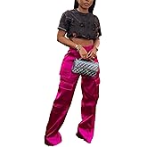 CALEBGAR Womens Cargo Pants Casual High Wasited Wide Leg Parachute Pants with Pockets