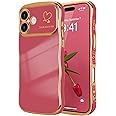 LCHULLE for iPhone 16 Case for Women Girls, Cute Wave Frame Curly Shape with Love Heart Pattern Raised Camera Protection Cover Luxury Plating Shockproof Phone Case for iPhone 16, Faint Red