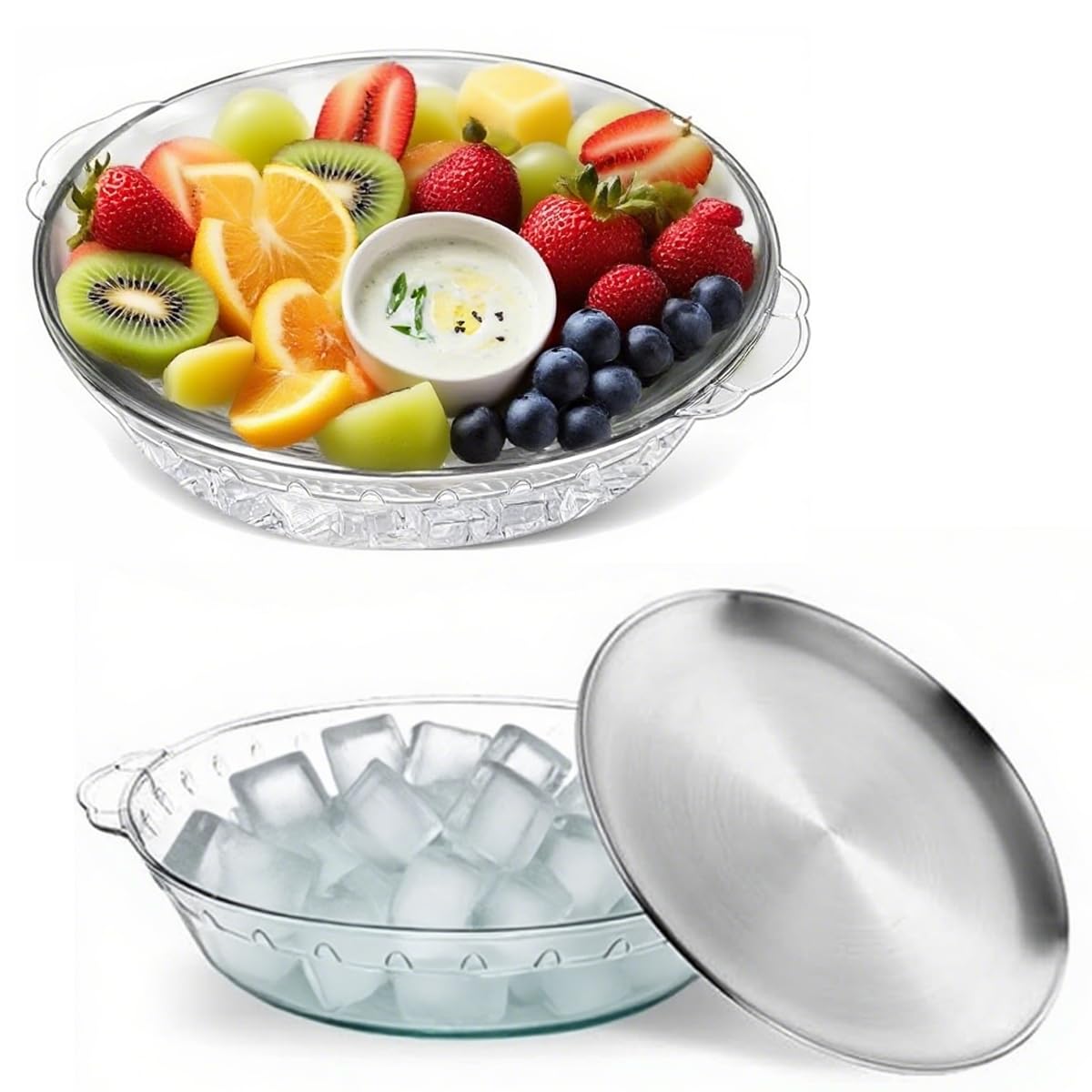 Photo 1 of 2 Packs 11.8" Ice Chilled Serving Tray with Lid and Compartments – Cold Party Platter for Fruit, Vegetables, Seafood, Appetizers, Shrimp Cocktail, Dips – Charcuterie Board for Parties (2)