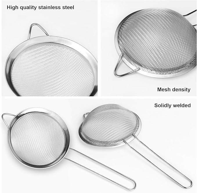 OKHOUSE 5 Pcs Coladores de Cocina de Malla Fina Acero Inoxidable, Colador de Pasta, Separador de Salsa, con Mango Largo,para Cocina Escurridor de Verduras, Harina para Hornear, Freír Drain y Rinse ﻿