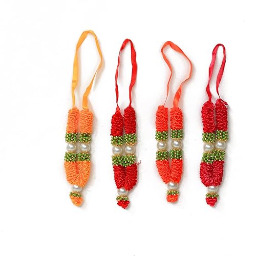 Set Di 3 Mala In Perle Artificiali Per Decorazione Idoli - Ghirlanda Pooja Con Nastri Oro E Rosa - Accessori Sringar Per Festival Indiani