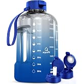 AQUAFIT 1 Gallon Water Bottle with Time Marker | BPA Free 128 oz Water Bottle with Straw and Chug Lids - Leakproof Gym Water Bottle with Carry Handle (Blue Skies)
