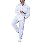 RPOVIG Linen Shirt Sets Outfits:Men's 2 Pieces Henley Shirts Long Sleeve Loose Yoga Pants Beach Clothing