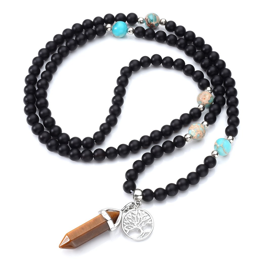 JOVIVI 6mm Matt Schwarz Achat Perlen Armband Buddha Armreif Wickelarmband Halskette mit Lebensbaum Hexagon Säulen Anhänger (Tigerauge)