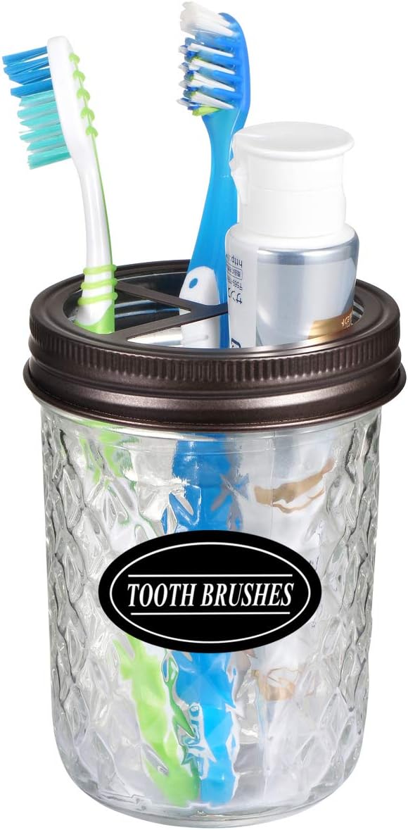 Amolliar Mason Jar Toothbrush Holder- Rustproof Stainless Steel - Holds 2 Toothbrushes and Toothpaste,with Chalkboard Labels - Farmhouse Décor Bathroom Countertop and Vanity Storage Organizer,Bronze: Home & Kitchen
