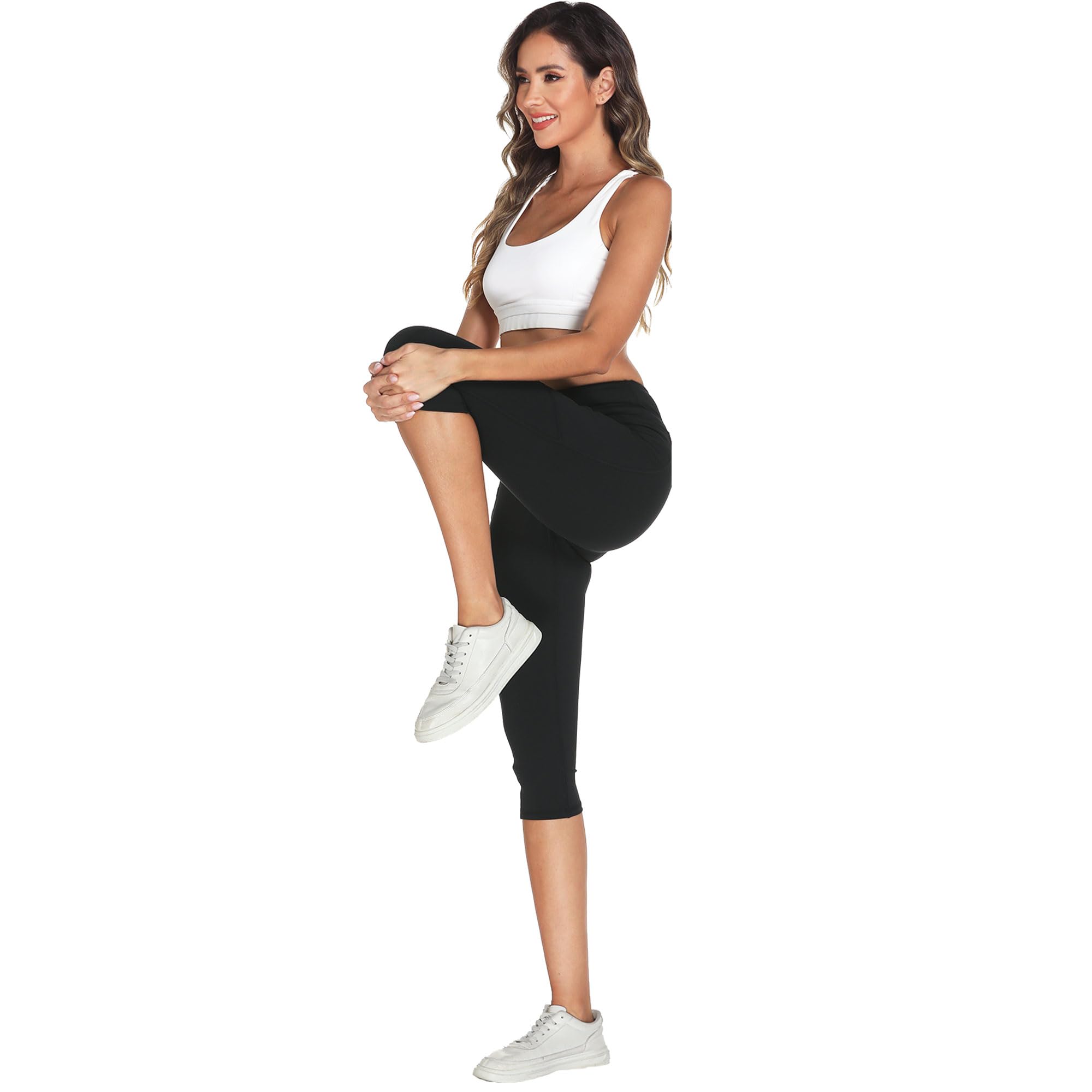 adorence Sport Leggings Damen 3/4, Capri Leggings Damen mit 5 Taschen, Blickdicht Sporthose High Waist Yogahose Laufhose Fitnesshose -Schwarz,S 5