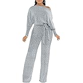 LaiyiVic Jumpsuits for Women off the Shoulder Elegant Long Sleeve Sparkly Straight Long Pants Rompers