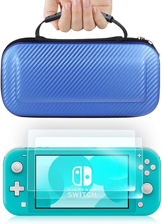 Amazon Com Tjs Case For Nintendo Switch Lite With 2 Pack Tempered Glass Screen Protector Carbon Fiber Texture Hard Travel Carrying Case Shell Carry Pouch Blue