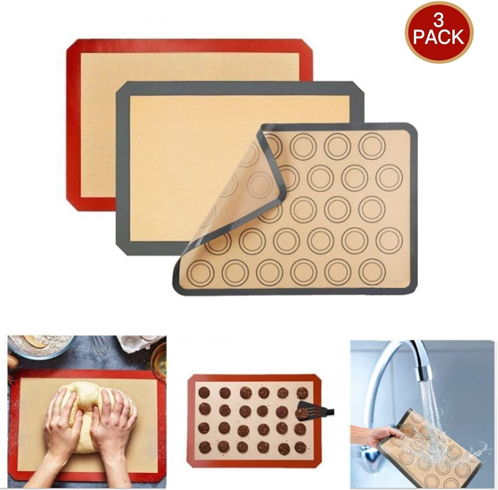 Silicone Baking Mats,Non-Stick Reusable Washable Baking Tray,Heat Resistant Non Slip Mat Liners for Cookies Bread Pizza,3 Pack