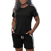 Oppchy Womens Summer 2 Piece Outfits Lounge Short Sleeve Round Neck Tops and Shorts Set