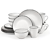 Homlouue 16 Pieces Stoneware Dinnerware Set, Speckled Ceramic Plates and Bowls Mugs Sets Service for 4, Ceramic Dishes Set, Microwave and Dishwasher Safe(White with Black Rim)