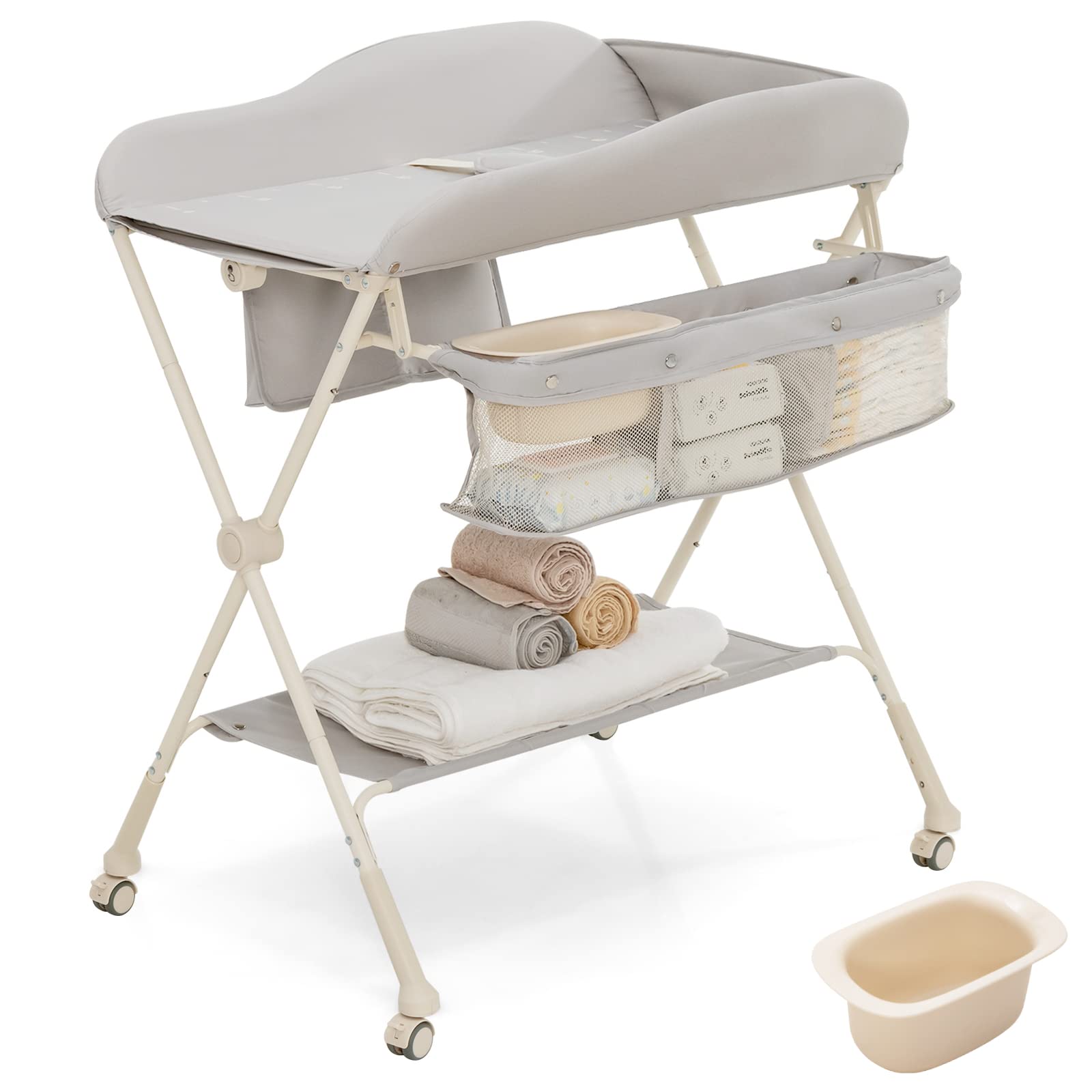 BABY JOY Portable Baby Changing Table, Foldable Diaper Changing Station w/Wheels, Adjustable Height, Large Storage Rack, Water Basin, Safety Belt, Mobile Nursery Organizer for Newborn Infant (Gray)