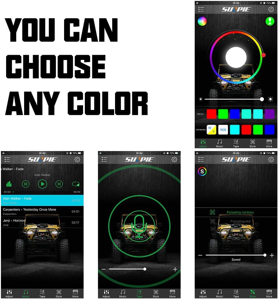 SUNPIE RGB LED Rock Lights -4 Pod Lights with Phone App/Remote Control & Timing & Music Mode & Flashing & Automatic Control Neon Lights Under Off Road Truck SUV ATV(11.5 Ft Rock Lights Wires Equipped): Automotive