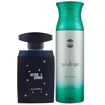 Maryaj After Dark Eau De Parfum Woody Aromatic Perfume 100ml for Men and Ajmal Raindrops Femme Deodorant Floral Chypre Fragrance 200ml for Women + 2 Parfum Testers FREE