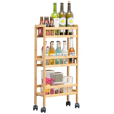 COPREE Bamboo 3-Tier Slim Rolling Pantry Shelf Storage Cart