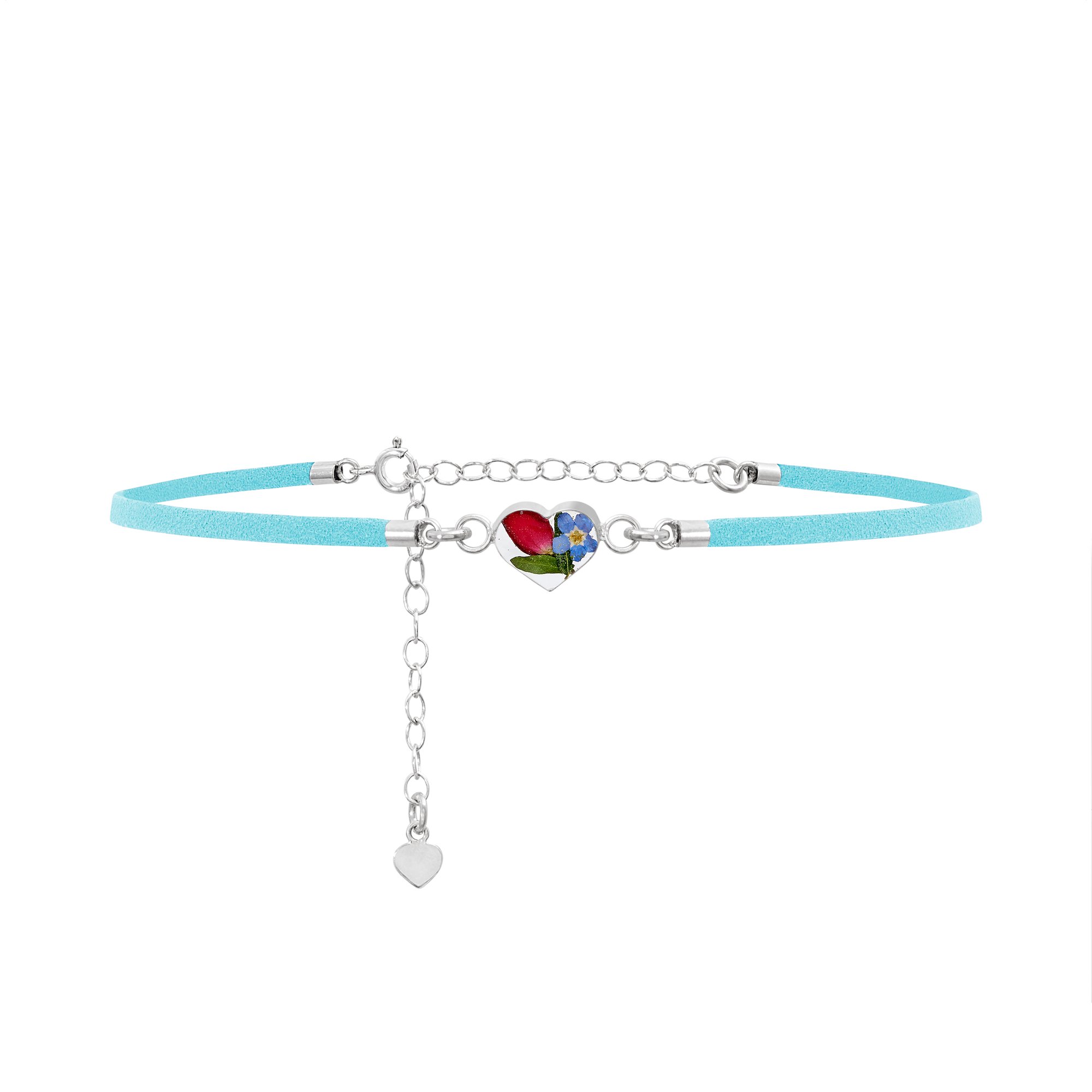 Shrieking Violet 925 Sterling Silver and Vegan Suede Heart Real Flower Choker Necklace - Assorted Flowers (Light Blue)