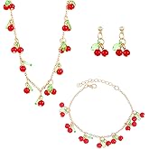 NIQIPOK Strawberry Cherry Jewelry Set 3D Simulation Strawberry Cherry Earrings Halloween Strawberry Cherry Necklace Bracelet Set Red Cherry Earring Fruit Charm Halloween Accessories