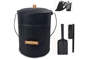 Poofzy Ash Bucket with Lid and Shovel, 4 Gallon Fireplace Container for Ashes, Includes Hand Broom and Gloves for Fire Pit, Wood Burning Stove and Grill - 10" (ID) x 12" (H)