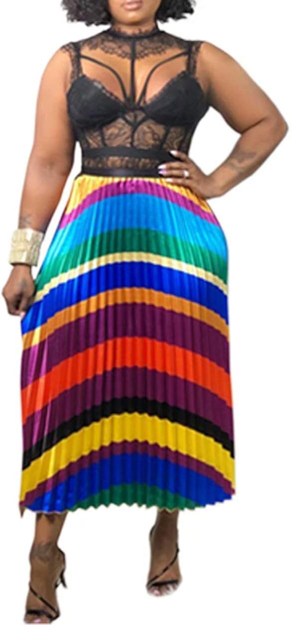 ThusFar Women's Graffiti Pleated Skirts Cartoon Printed Elastic Waist A-Line Swing Midi Skirt: Clothing