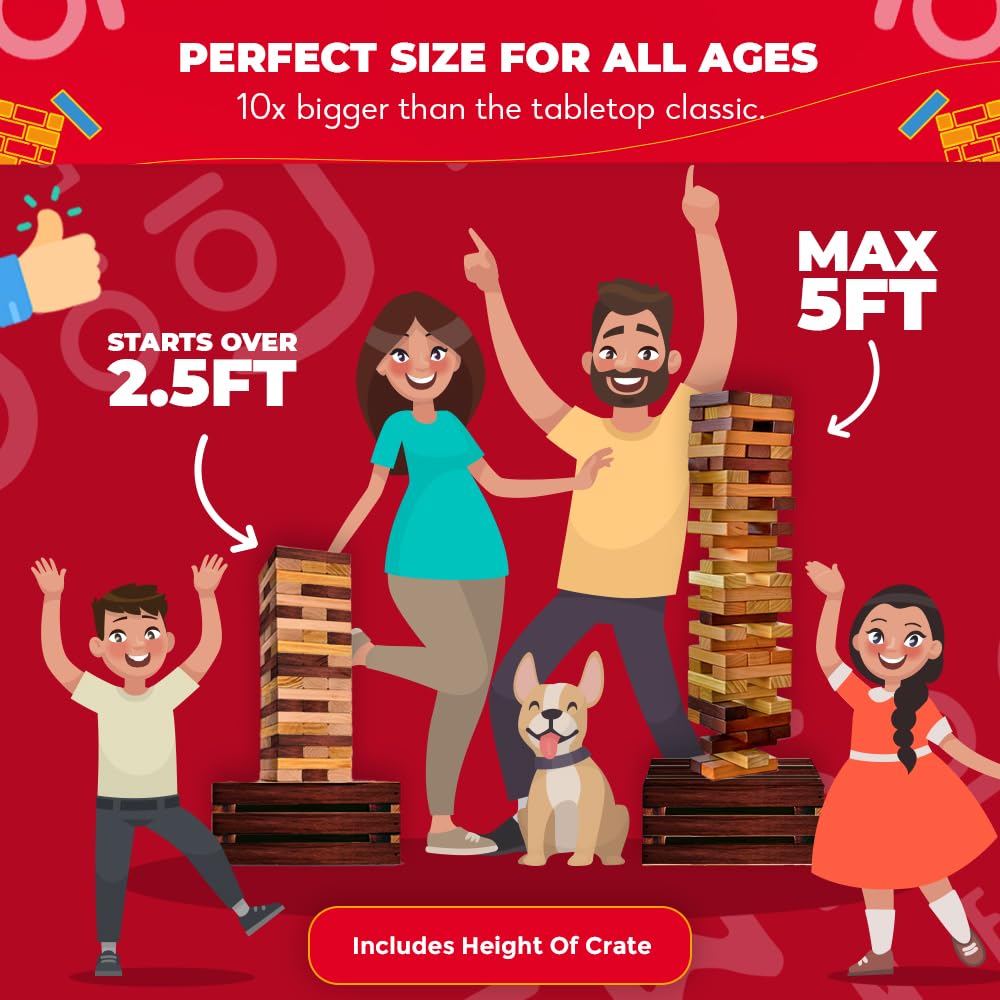 SWOOC Games - Reclaimed Giant Tower Game (Weather Resistant) 60 Blocks + Storage Crate/Outdoor Game Table | Stacks up to 5ft | Giant Outdoor Tower for Adults | Large Yard Activity | Jumbo Lawn Fun