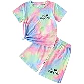 Kids Girl Clothes Tie Dye Heart Print Short Sleeve Top and Shorts Toddler Girl Summer Outfits Short Set