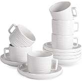 CHILDIKE 10 OZ Cappuccino Cups and Saucers Set, White Porcelain Coffee Cups | British Tea Set of 6, Latte, Americano and Tea, Microwave and Dishwasher Safe, Ribbed Texture