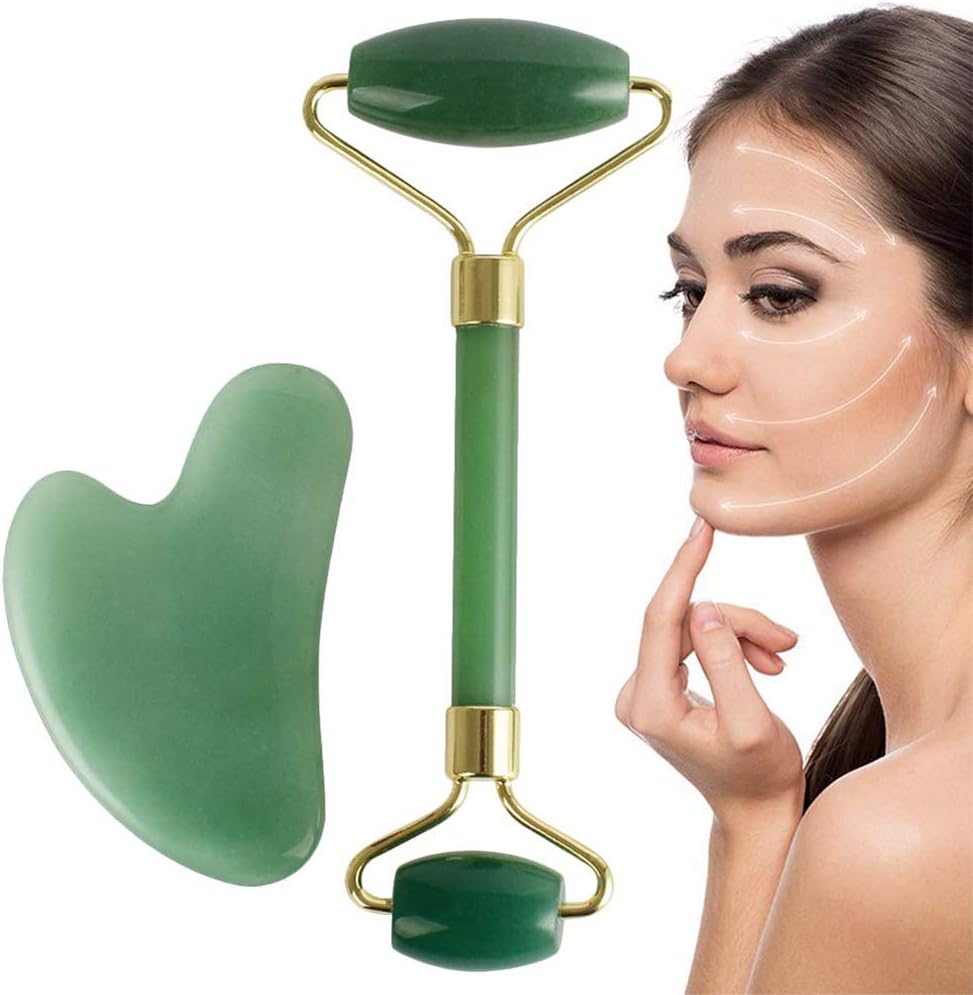 Jade Roller for Face, AIDUE Anti-Aging Massage Facial Roller 100% Natural Quartz Gua SHA Scraping Massage Tool Set for Eye Neck Body Massage, Cheeks Slimmer, Skin Tightening & Healing Rejuvenation
