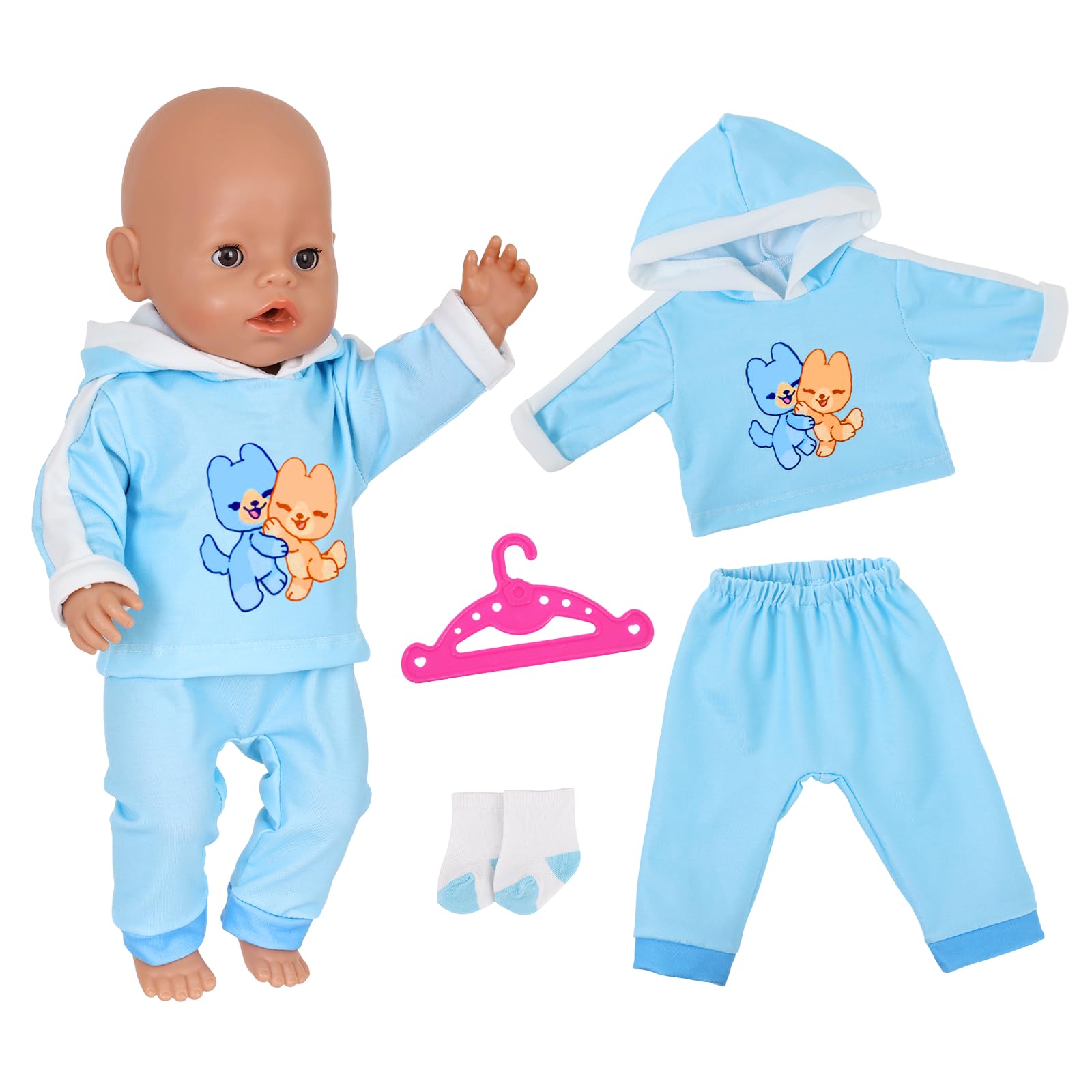 Baby Doll Clothes for 12-18 Inch Dolls, 4 Pcs Baby Doll Accessories for 30-45cm Dolls with Blue Hooded Sweatshirt Trousers Socks Hanger for 30-45 cm Sweet Doll Clothes Girls Birthday Gift