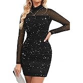 Meetjen Women's Ruched Bodycon Dress Sheer Mesh Long Sleeve Mock Turtleneck Sexy Sequin Mini Cocktail Club Party Dresses
