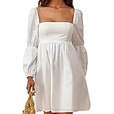 EXLURA Womens 2026 Square Neck Dress Long Puff Sleeve A-Line Casual Short Mini Dresses