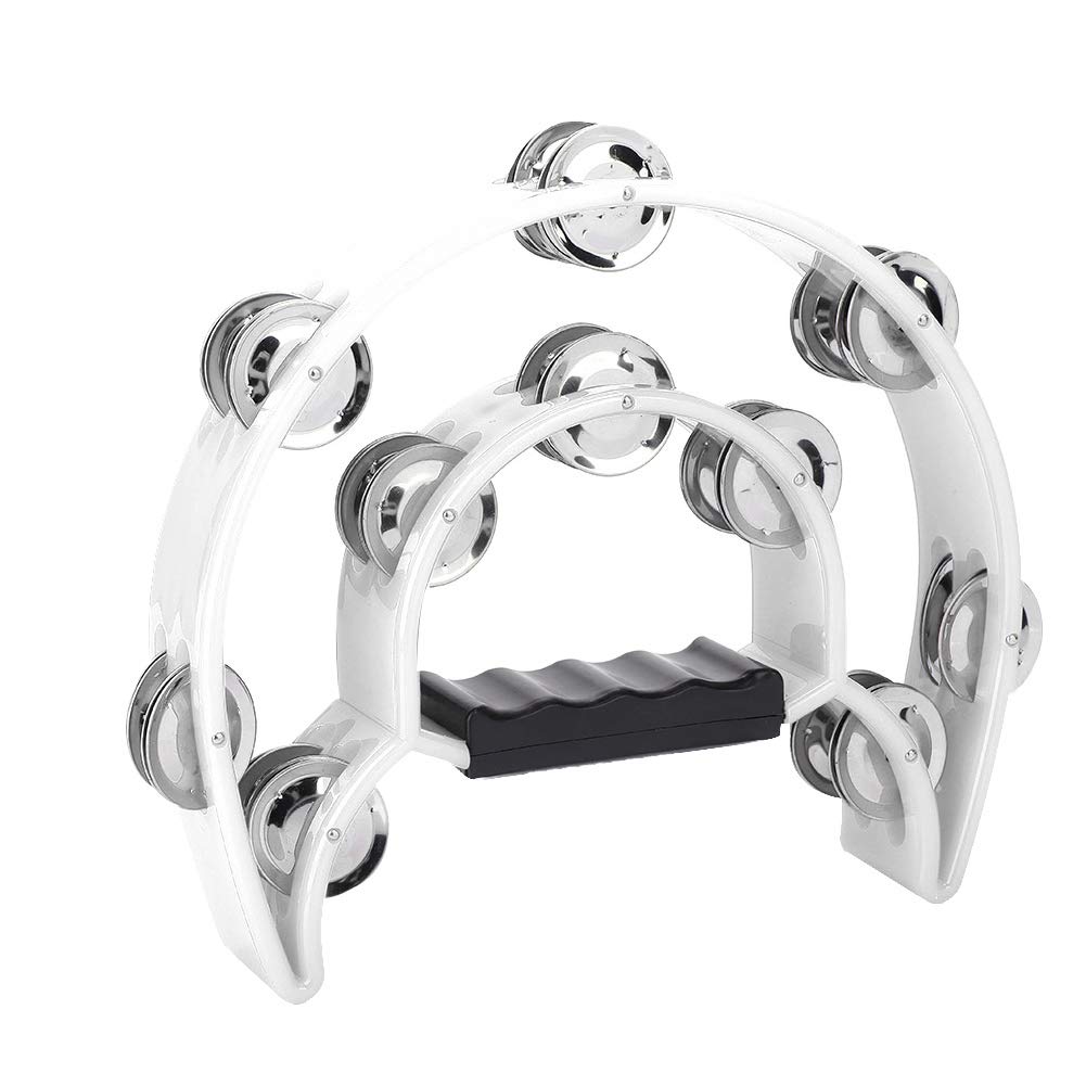 Half Moon Tambourine, Hand Tambourine Double Row Metal Jingles Hand Held Percussion Instrument for Gift KTV Party Kids Toy with Ergonomic Handle Grip(White) Orff Children's Percussion