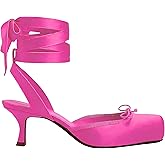 SYHXYHEG Lace Up Ballet Pumps for Women Kitten Heels Square Closed Toe Pumps Bow Ballerina Slingback Satin Cute Dressy Party Casual