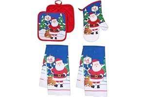Collection Christmas Kitchen Towel Set 5 Piece 2 Pot Holders & 2 Towels with 1 Oven Mitt (Santa Claus)