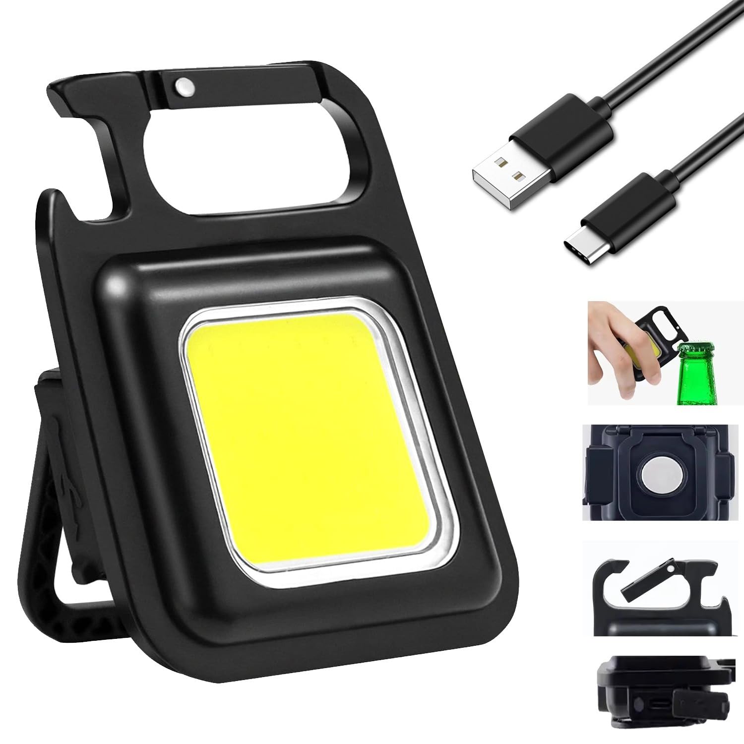 ARUUJ Mini LED COB Flashlight - USB Rechargeable 1000 Lumens Bright Light - 4 Light Modes, Portable Keychain Pocket Flash Light - Magnet Adjustable Folding Bracket Clips - Bottle Opener (1)