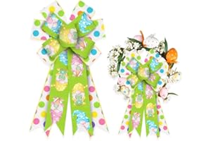 Estivaux Large Easter Bows for Wreath, Happy Easter Wreath Bows Green White Burlap Bows Eggs Dots Bows Rabbits Gnomes Tree Topper Bows for Front Door Spring Easter Party Decorations