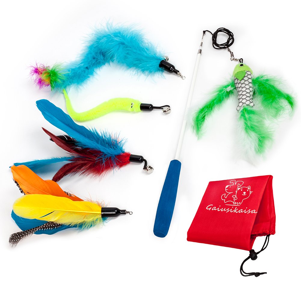 Cat Wand, Interactive Cat Toys Retractable Wand, Cat Feather Toy, Kitten Toys, 1 PCS Yellow Caterpillar Toy, 4 PCS Replacement Natural Feathers Toys, 1 PCS Carbon Fiber Telescopic Cat Teaser Wand