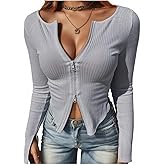 Fisoew Womens Long Sleeve Tops Ribbed Crop Top Double Zip Up Cardigans V Neck Sweater Shirts Fall and Winter 2024