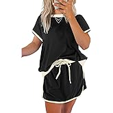 Pinclodly Two Piece Sets for Women Summer Casual Short Sleeve Tshirts and Drawstring Mini Skirts Vacation Lounge Sets