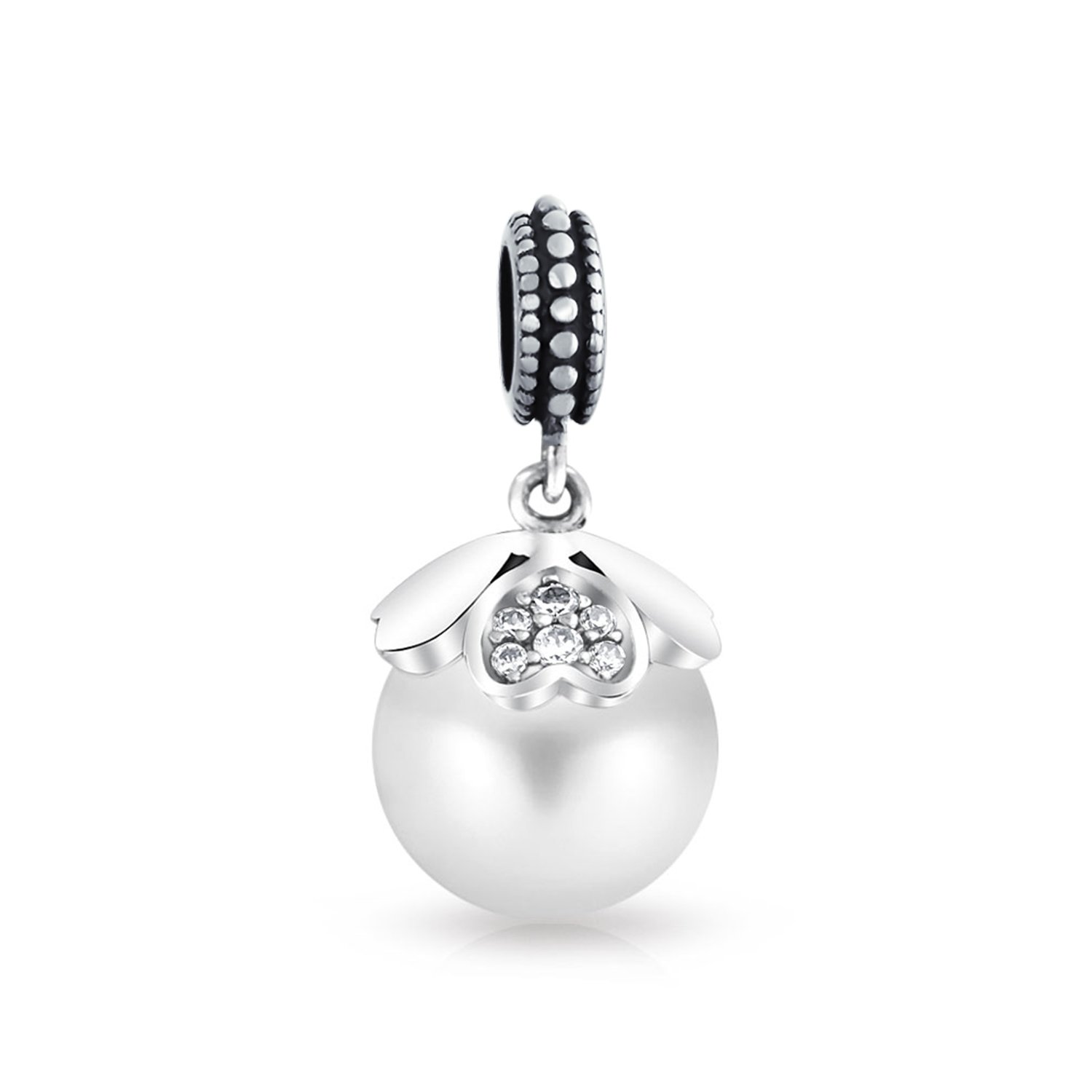 Bling Jewelry Vintage Style Heart Cap White Simulated Pearl Dangle Charm Bead For Women .925 Sterling Silver Fits European Bracelet