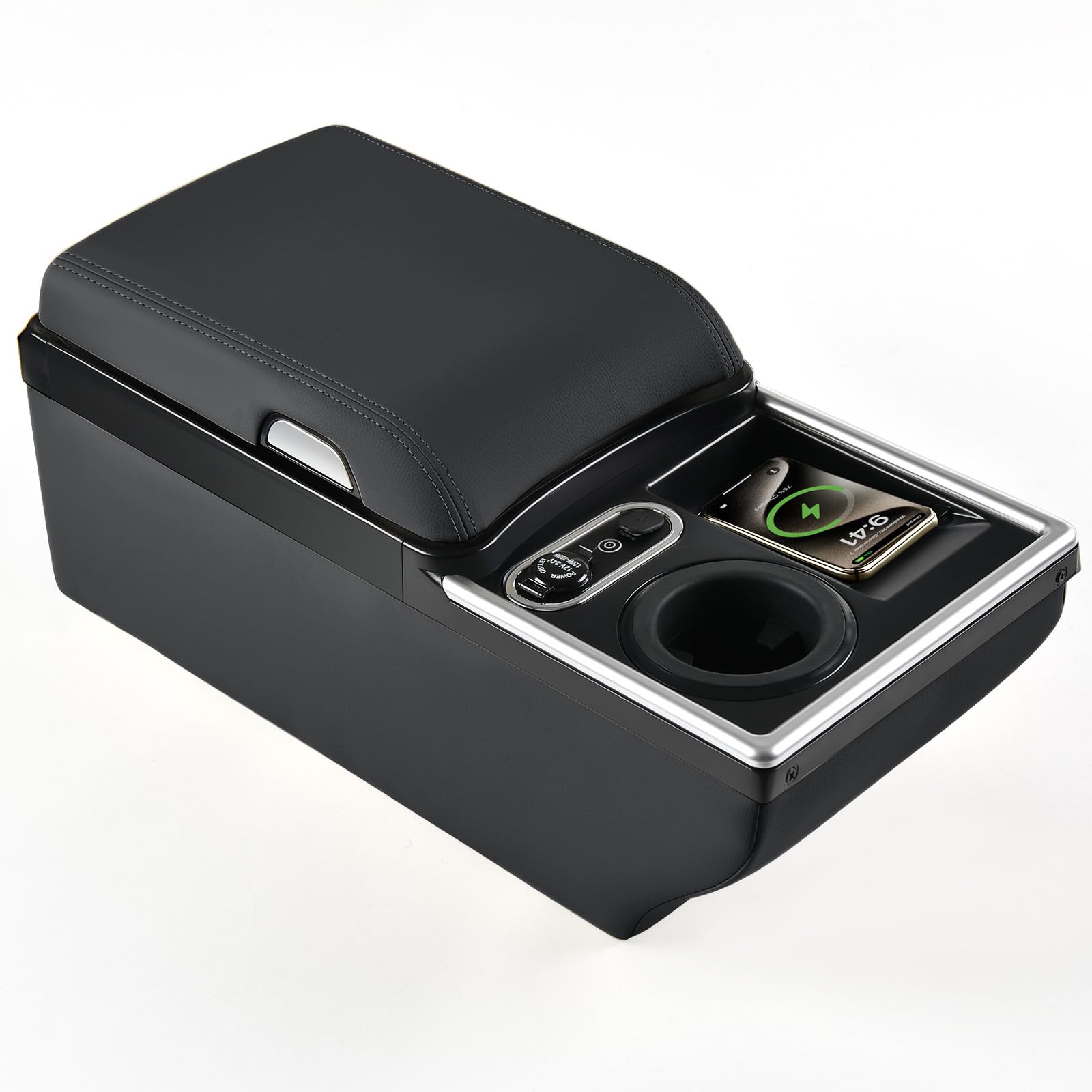 Coverado Universal Car Center Console with Wireless Charging & Cup Holder, Back Seat Organizers, Rear Bench Seat Central Armrest Box with Storage, for Most Vehicles, Easy Install, Black