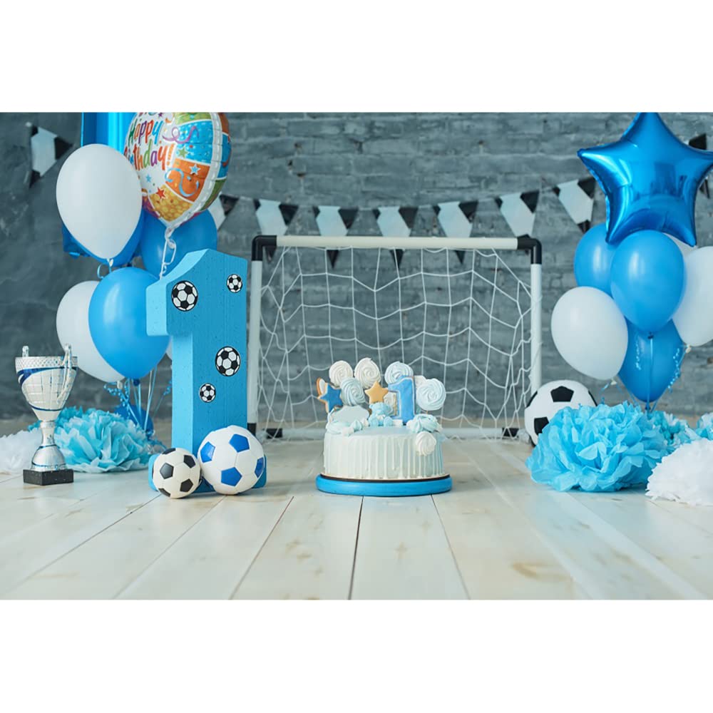 Aoihrraan 1,5x1m Kids 1st Birthday Backdrop Blue Balloon Flower Cake Smash Football Theme Birthday Room Decor Photography Background for Boys Party Newborn Baby Shower Banner Photo Studio Props