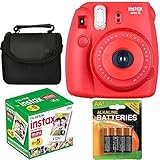 Fujifilm Instax Mini 8 Instant Film Camera (Red Raspberry) With Fujifilm Instax Mini 5 Pack Instant Film (50 Shots) + Compact Bag Case + Batteries Top Kit - International Version (No Warranty)