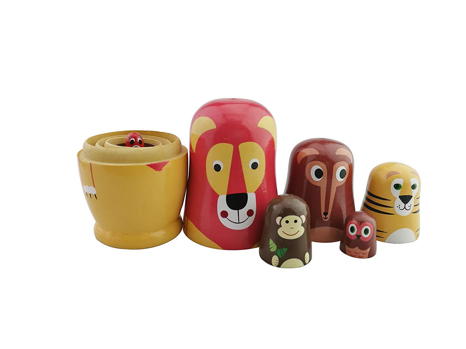 Cute Cartoon Lion Wolf Tiger Monkey Owl Squirrel Forest Animal Russian Nesting Dolls Matryoshka Doll Set 6 Pieces Handmade Kids Gifts Toy Home Decoration