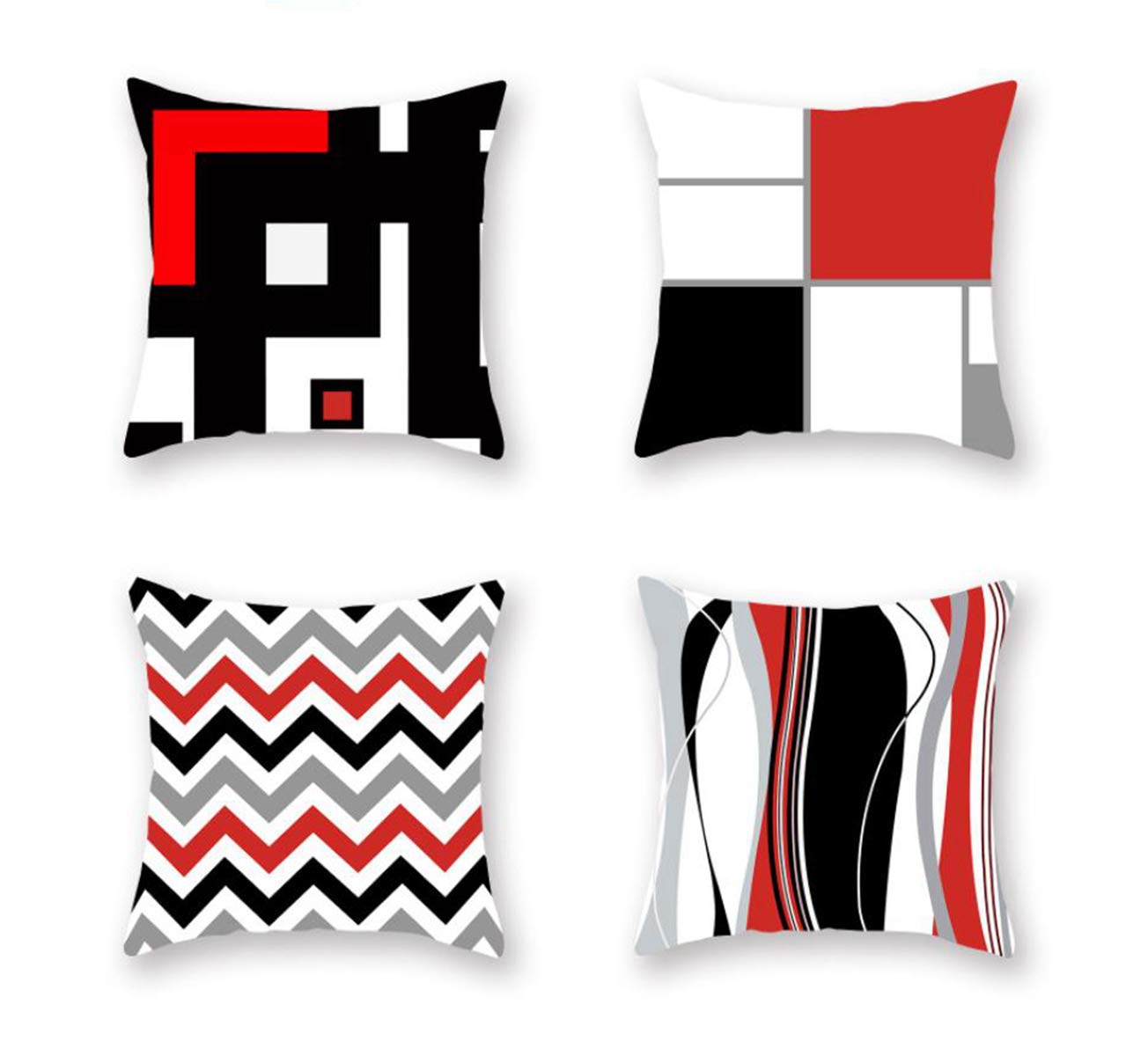 Emvency Set of 4 Pillow Covers Decorative Cushion 18" x 18" Modern Geometric Grey Black and Red Grid Stripe Decor Irregular with Hidden Zipper Polyester Home for Couch Bed