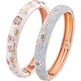 UJOY Vintage Cloisonne Bracelets Cuff Metal Bangles Indian Flower Pink Enameled Jewelry Box for Women