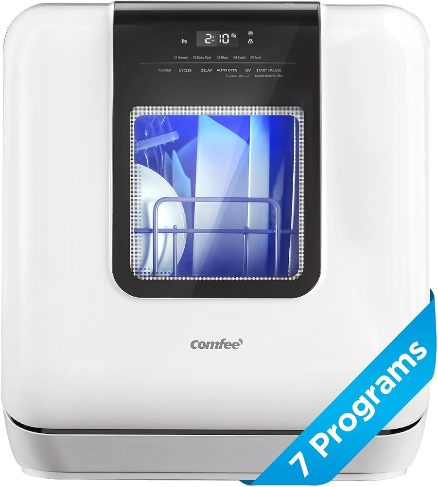 COMFEE' Countertop Dishwasher, Portable Dishwasher with 6L Built-in Water Tank, Mini Dishwasher with More Space Inside, 7 Pro
