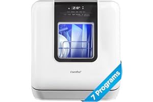 COMFEE' Countertop Dishwasher, Portable Dishwasher with 6L Built-in Water Tank, Mini Dishwasher with More Space Inside, 7 Programs, UV Hygiene& Auto Door Open, for Apartments, Dorms& RVs, White