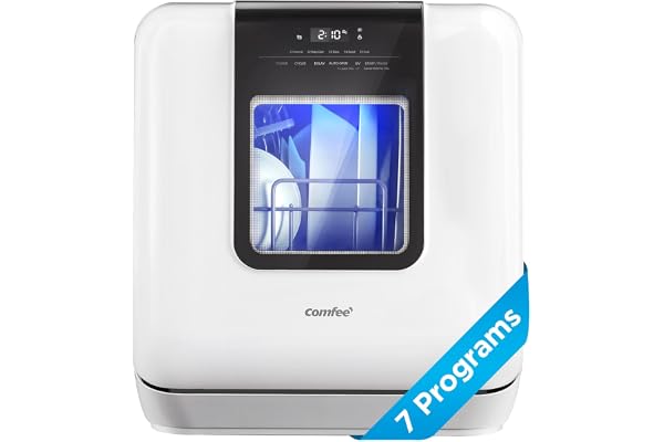 COMFEE' Countertop Dishwasher, Portable Dishwasher with 6L Built-in Water Tank, Mini Dishwasher with More Space Inside, 7 Programs, UV Hygiene& Auto Door Open, for Apartments, Dorms& RVs, White